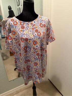 Talbots White Short-Sleeve Tee with Orange and Blue Floral Print